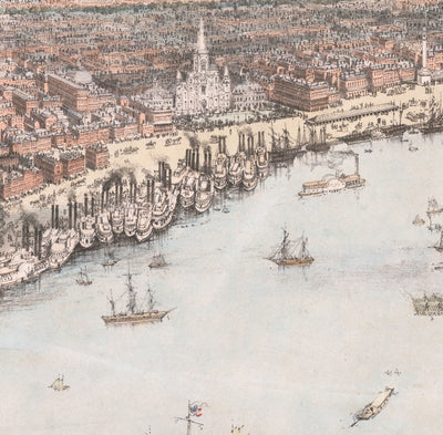 Old Birds Eye Map of New Orleans in 1851 - French Quarter, CBD, Treme, Mississippi River, St Louis Cathedral, Jackson Square