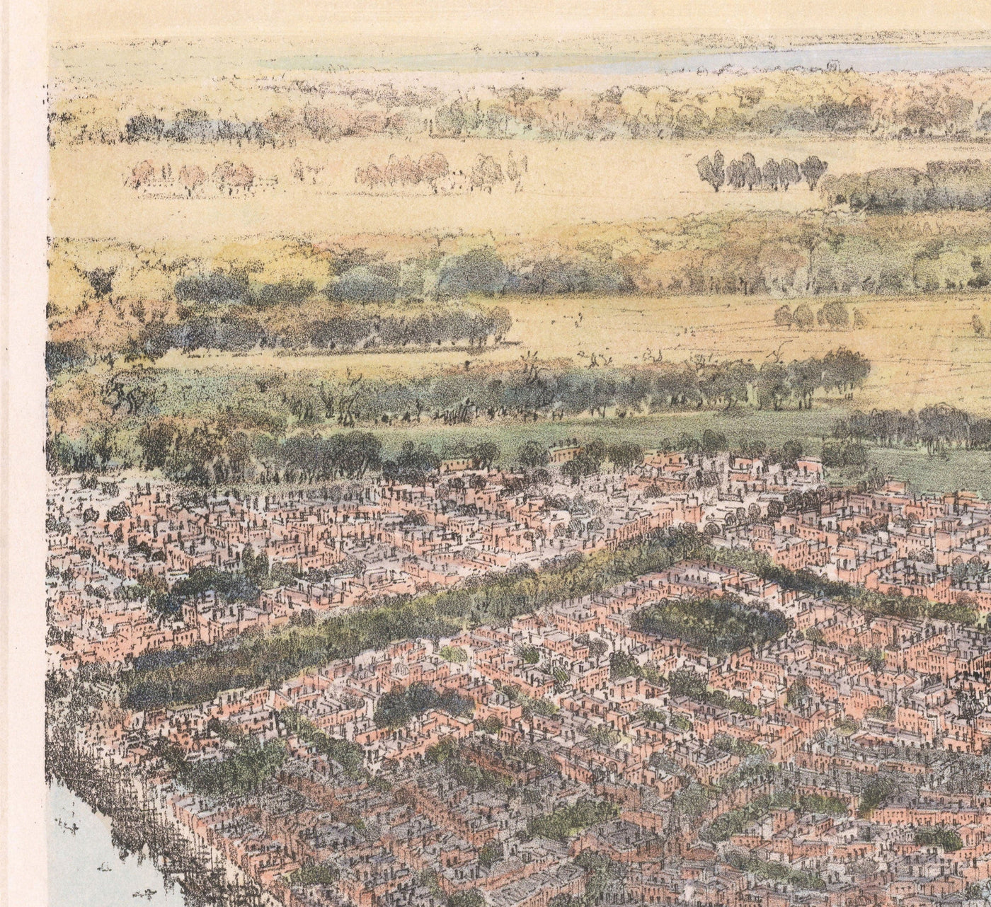 Old Birds Eye Map of New Orleans in 1851 - French Quarter, CBD, Treme, Mississippi River, St Louis Cathedral, Jackson Square