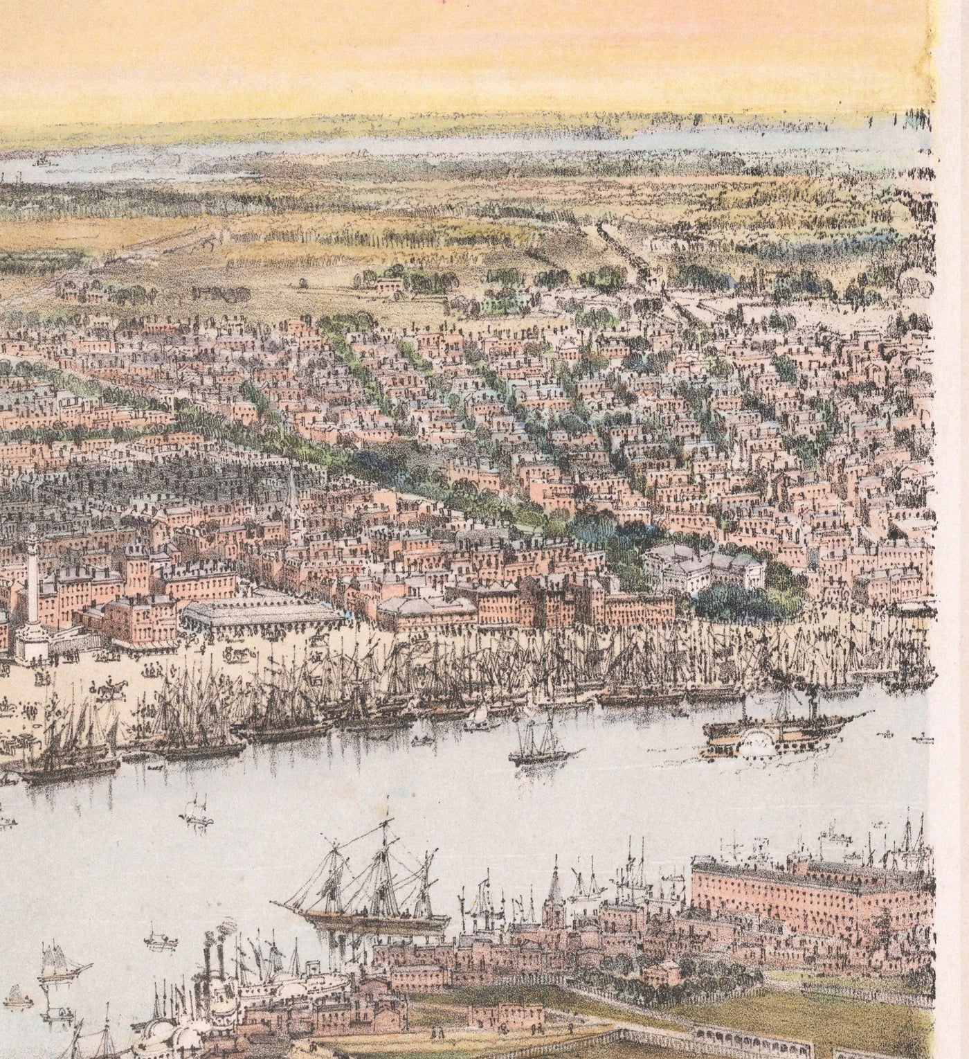 Old Birds Eye Map of New Orleans in 1851 - French Quarter, CBD, Treme, Mississippi River, St Louis Cathedral, Jackson Square