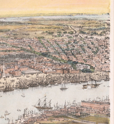 Old Birds Eye Map of New Orleans in 1851 - French Quarter, CBD, Treme, Mississippi River, St Louis Cathedral, Jackson Square