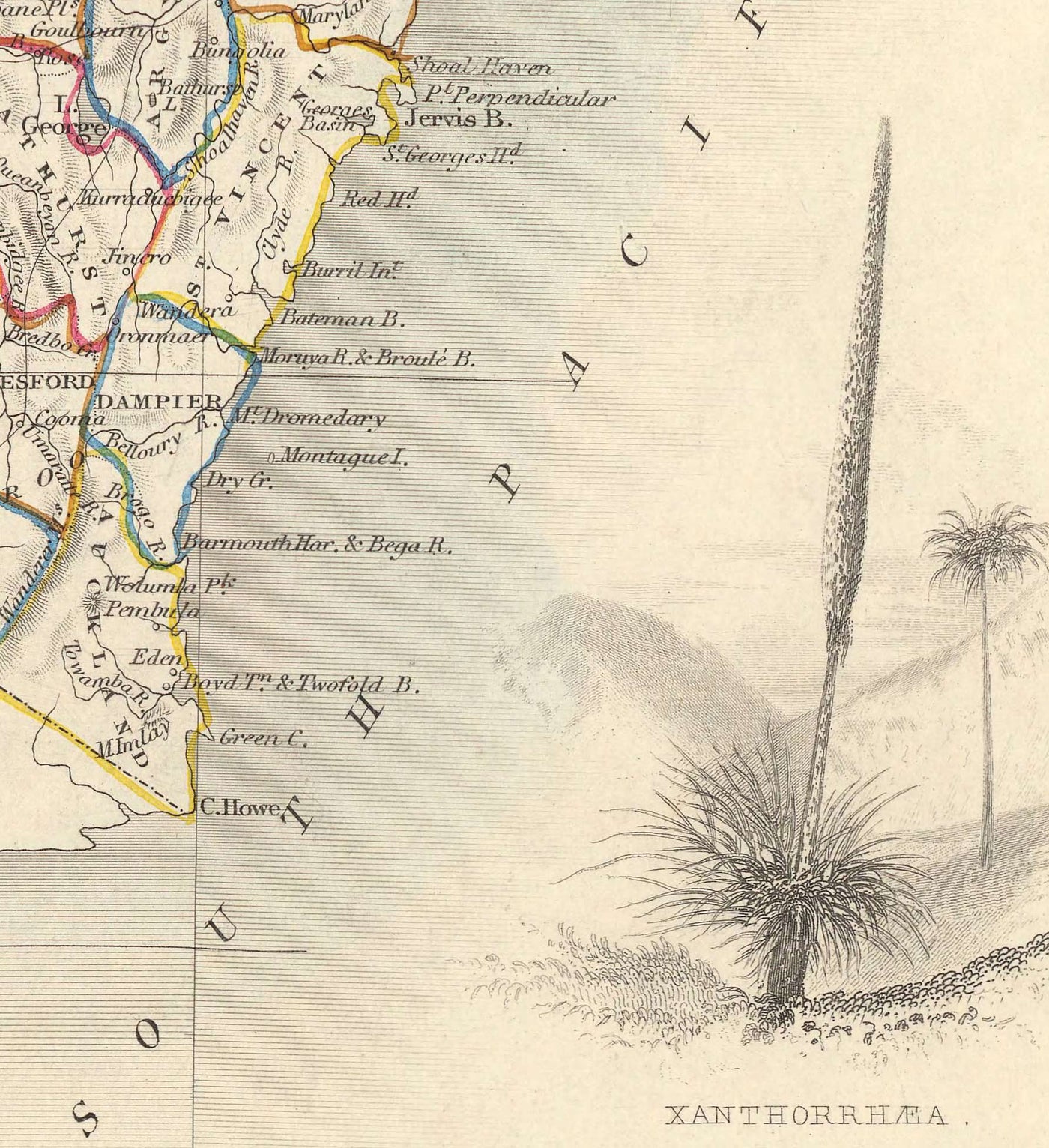 Ancienne carte de la Nouvelle-Galles du Sud, Australie 1851 par Tallis & Rapkin - Sydney, Newcastle, Brisbane, Botany Bay, comtés NSW