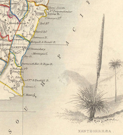 Ancienne carte de la Nouvelle-Galles du Sud, Australie 1851 par Tallis & Rapkin - Sydney, Newcastle, Brisbane, Botany Bay, comtés NSW