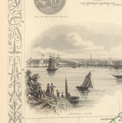 Ancienne carte de la Nouvelle-Galles du Sud, Australie 1851 par Tallis & Rapkin - Sydney, Newcastle, Brisbane, Botany Bay, comtés NSW