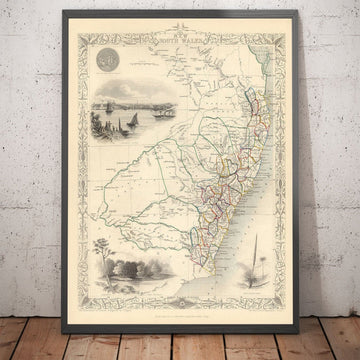 Alte Karte von New South Wales, Australien 1851 von Tallis & Rapkin - Sydney, Newcastle, Brisbane, Botany Bay, NSW Grafschaften 