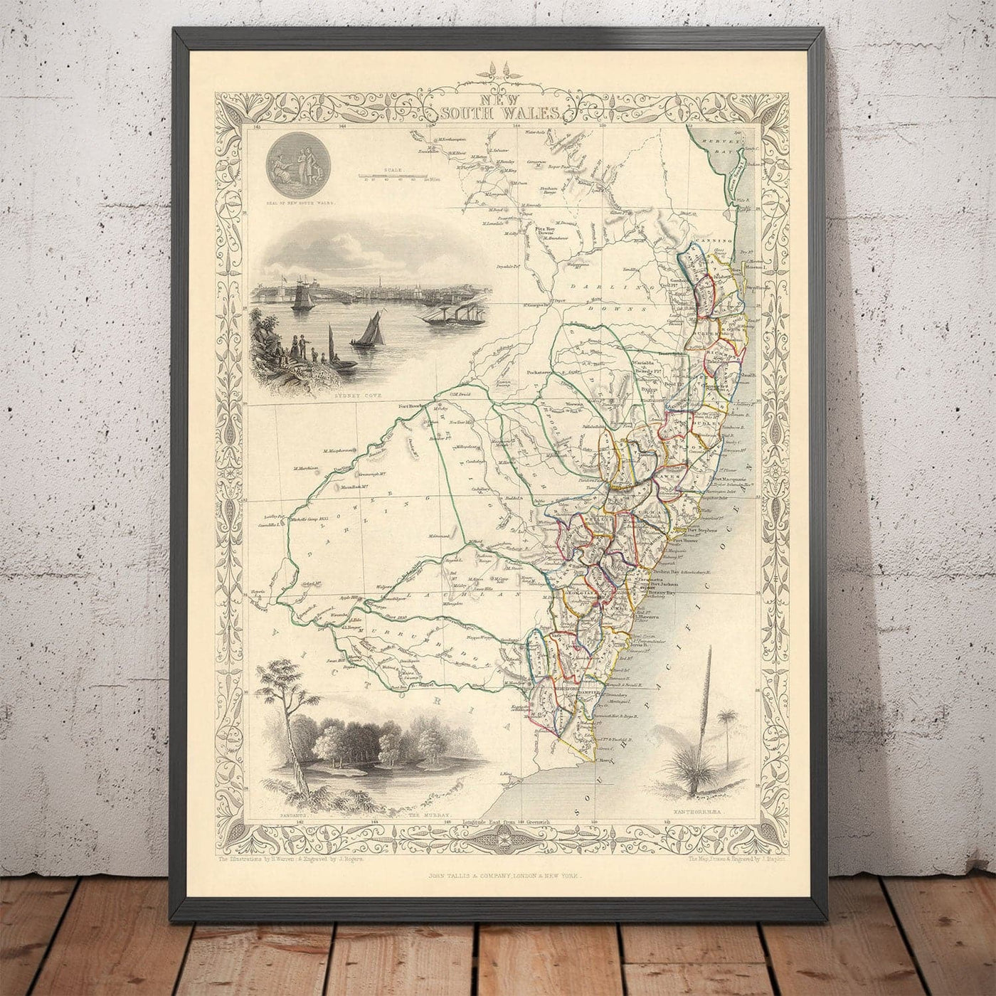 Ancienne carte de la Nouvelle-Galles du Sud, Australie 1851 par Tallis & Rapkin - Sydney, Newcastle, Brisbane, Botany Bay, comtés NSW