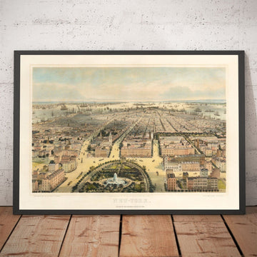 Alte Birds Eye Karte von New York im Jahr 1849 - Lower Manhattan, Soho, Noho, Union Square, Broadway, Battery Park, Ellis Island 