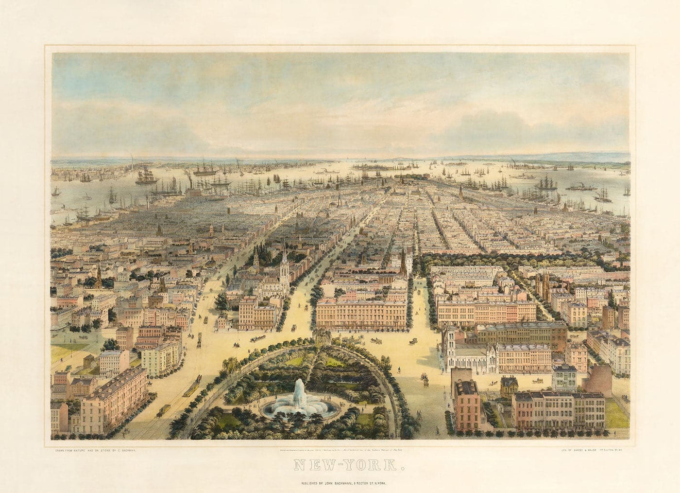 Old Birds Eye Map of New York in 1849 - Lower Manhattan, Soho, Noho, Union Square, Broadway, Battery Park, Ellis Island
