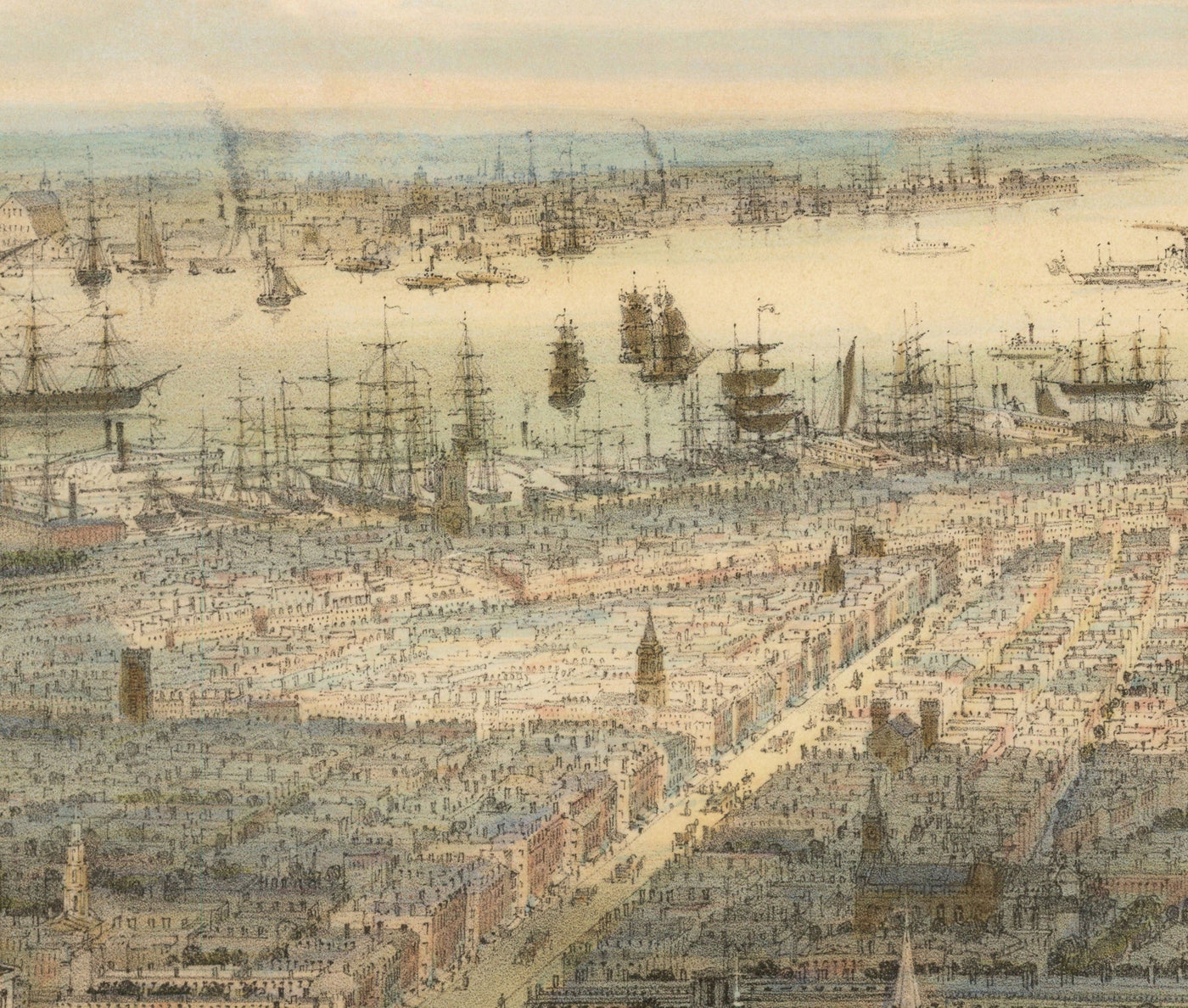 Old Birds Eye Map of New York in 1849 - Lower Manhattan, Soho, Noho, Union Square, Broadway, Battery Park, Ellis Island