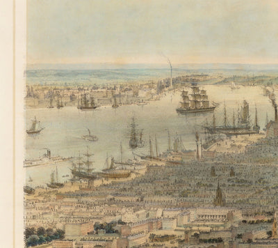 Old Birds Eye Map of New York in 1849 - Lower Manhattan, Soho, Noho, Union Square, Broadway, Battery Park, Ellis Island