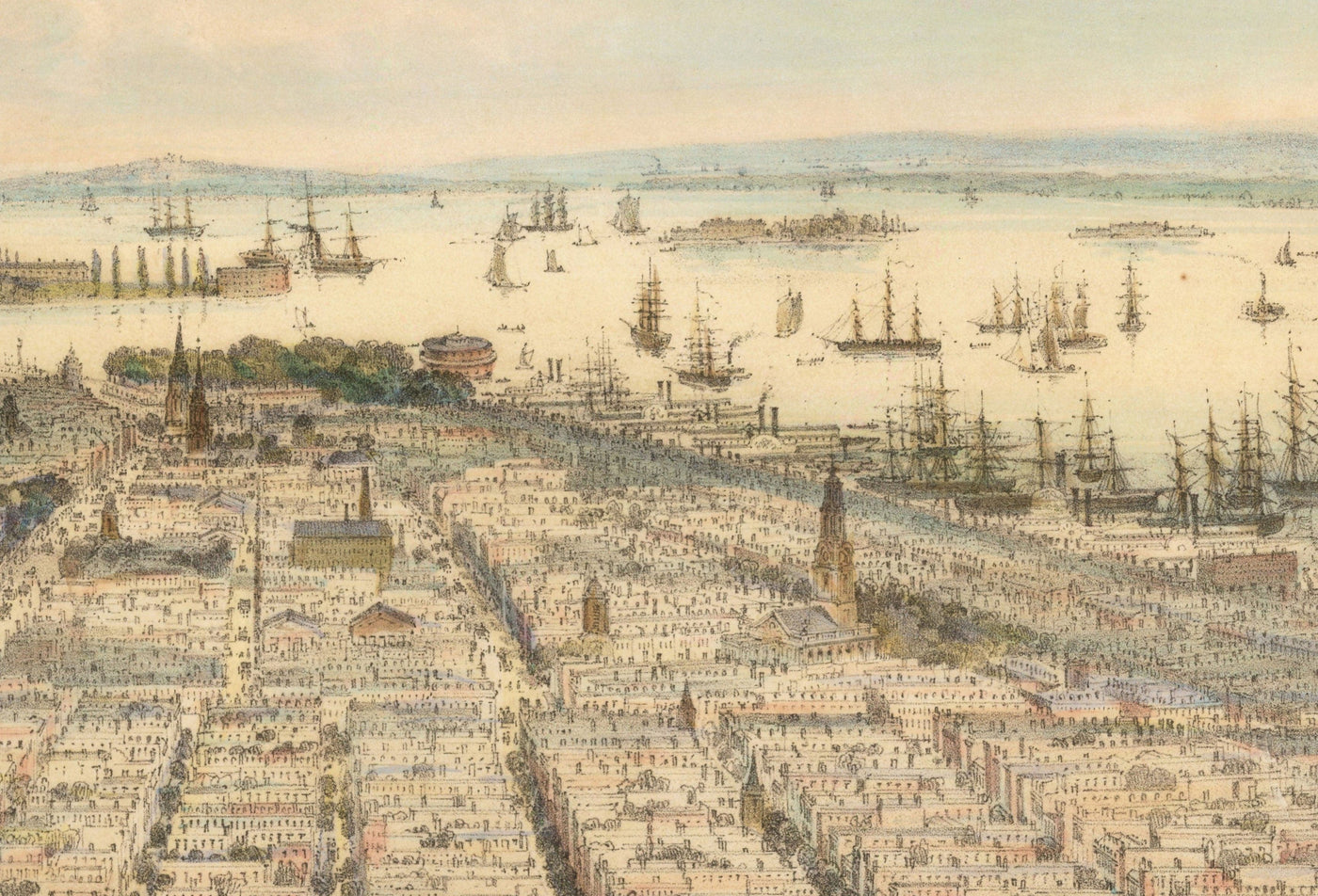 Old Birds Eye Map of New York in 1849 - Lower Manhattan, Soho, Noho, Union Square, Broadway, Battery Park, Ellis Island
