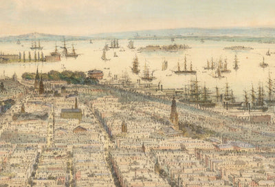 Old Birds Eye Map of New York in 1849 - Lower Manhattan, Soho, Noho, Union Square, Broadway, Battery Park, Ellis Island