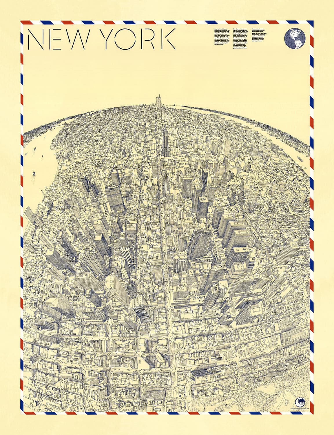 Mapa de ojos Old Birds de Nueva York en 1982 - Manhattan, Midtown, Empire State, Chrysler, Torres gemelas, Parque Central 5th Avenue