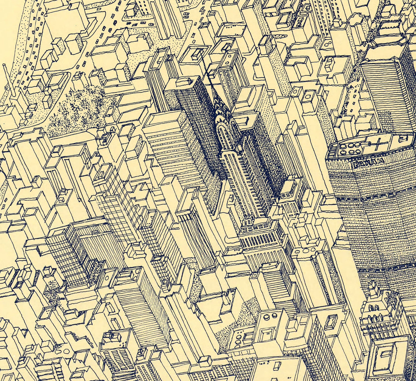 Mapa de ojos Old Birds de Nueva York en 1982 - Manhattan, Midtown, Empire State, Chrysler, Torres gemelas, Parque Central 5th Avenue