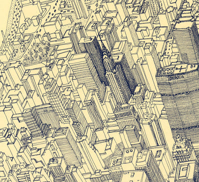 Mapa de ojos Old Birds de Nueva York en 1982 - Manhattan, Midtown, Empire State, Chrysler, Torres gemelas, Parque Central 5th Avenue