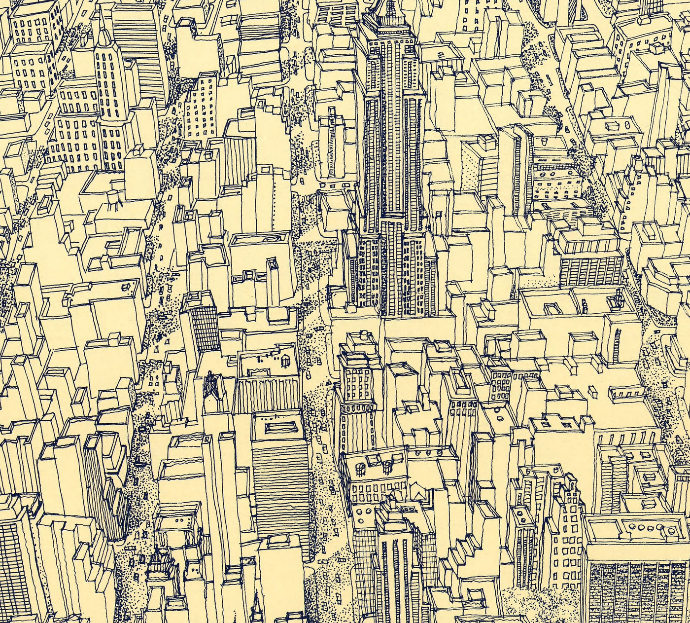 Mapa de ojos Old Birds de Nueva York en 1982 - Manhattan, Midtown, Empire State, Chrysler, Torres gemelas, Parque Central 5th Avenue