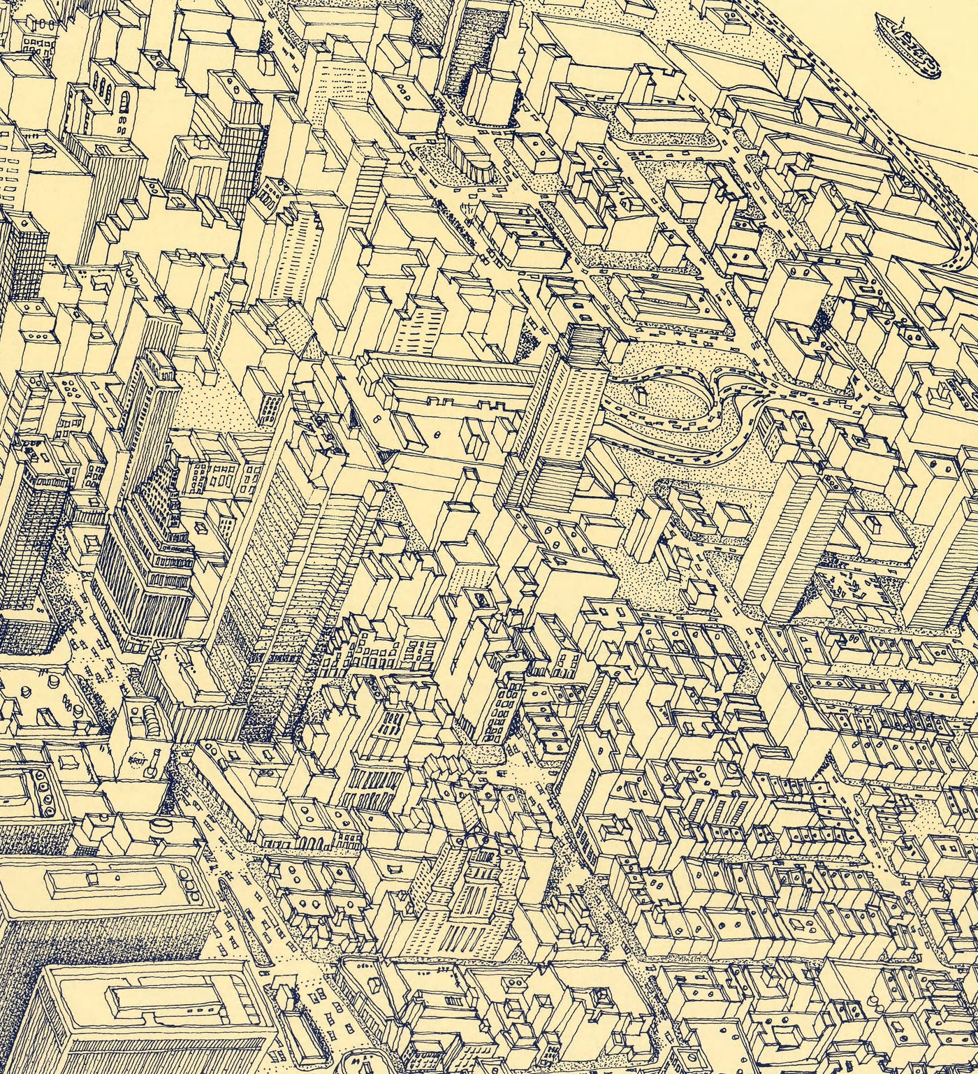 Mapa de ojos Old Birds de Nueva York en 1982 - Manhattan, Midtown, Empire State, Chrysler, Torres gemelas, Parque Central 5th Avenue