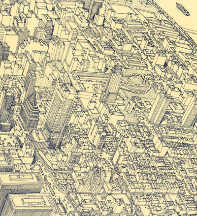 Mapa de ojos Old Birds de Nueva York en 1982 - Manhattan, Midtown, Empire State, Chrysler, Torres gemelas, Parque Central 5th Avenue