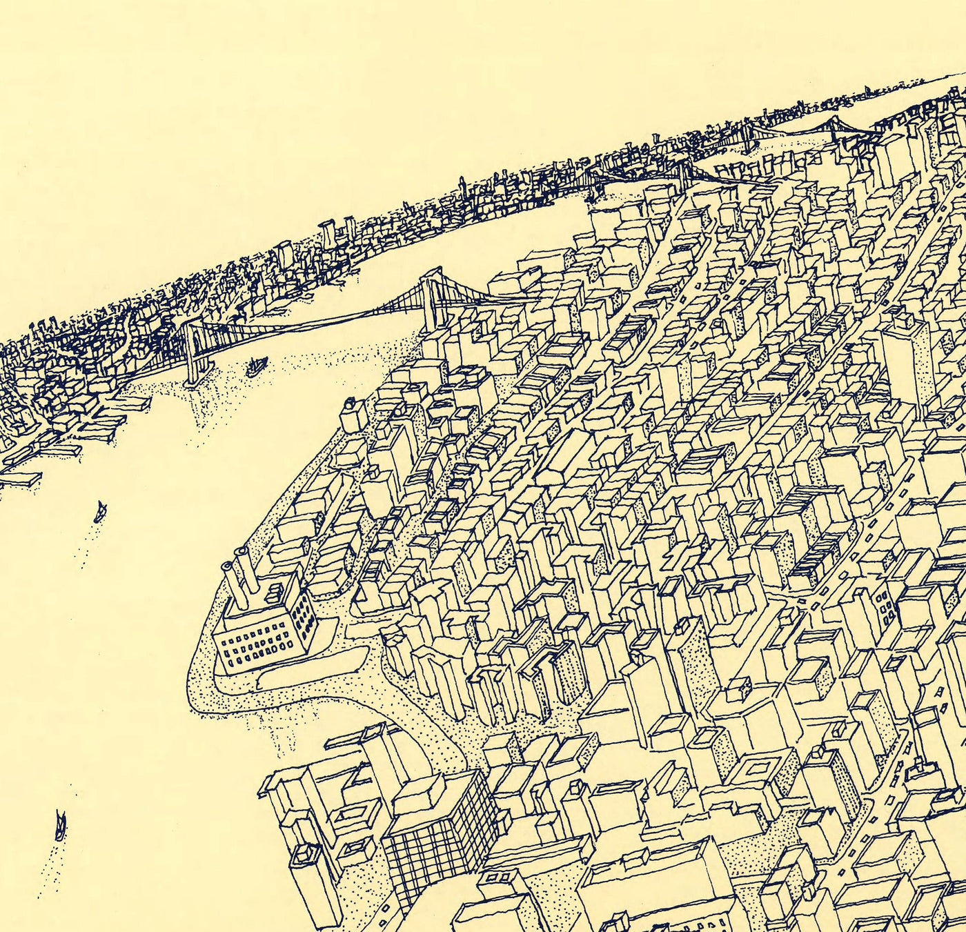 Mapa de ojos Old Birds de Nueva York en 1982 - Manhattan, Midtown, Empire State, Chrysler, Torres gemelas, Parque Central 5th Avenue