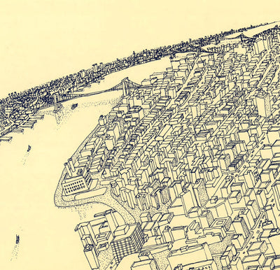 Mapa de ojos Old Birds de Nueva York en 1982 - Manhattan, Midtown, Empire State, Chrysler, Torres gemelas, Parque Central 5th Avenue