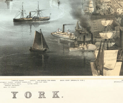 Mapa de ojos Old Birds de la ciudad de Nueva York 1856 - Manhattan, Distrito Financiero, Batería, East & Hudson Rivers