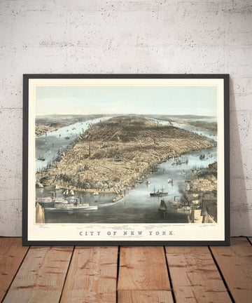 Mapa de ojos Old Birds de la ciudad de Nueva York 1856 - Manhattan, Distrito Financiero, Batería, East & Hudson Rivers