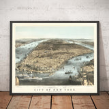 Mapa de ojos Old Birds de la ciudad de Nueva York 1856 - Manhattan, Distrito Financiero, Batería, East & Hudson Rivers