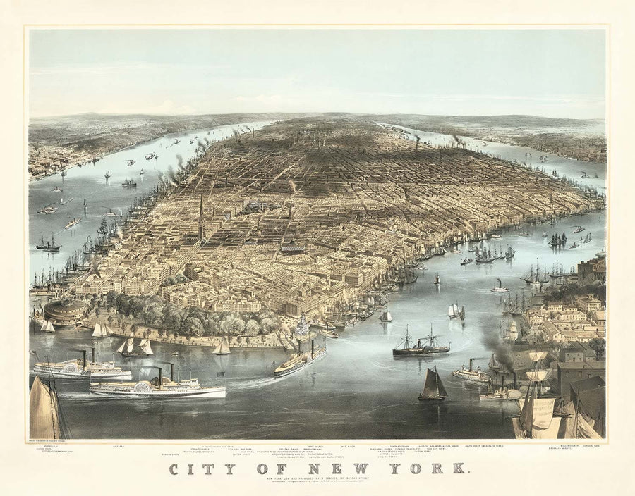 Vecchia mappa Birds Eye di New York City 1856 - Manhattan, Distretto Finanziario, Battery, Fiumi East e Hudson 