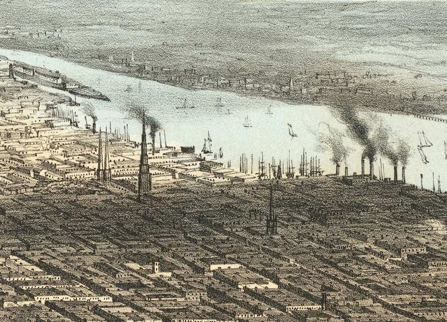 Vecchia mappa Birds Eye di New York City 1856 - Manhattan, Distretto Finanziario, Battery, Fiumi East e Hudson 