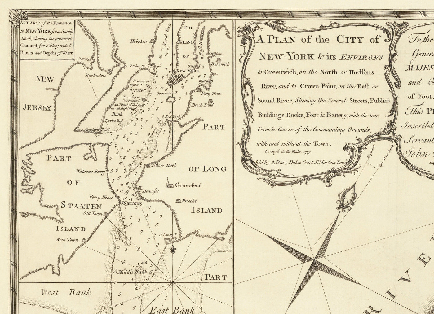 Old Map of New York in 1775 by John Rocque - Rare American Revolution War Wall Art - Greenwich, Columbia, Manhattan - British Military Plan