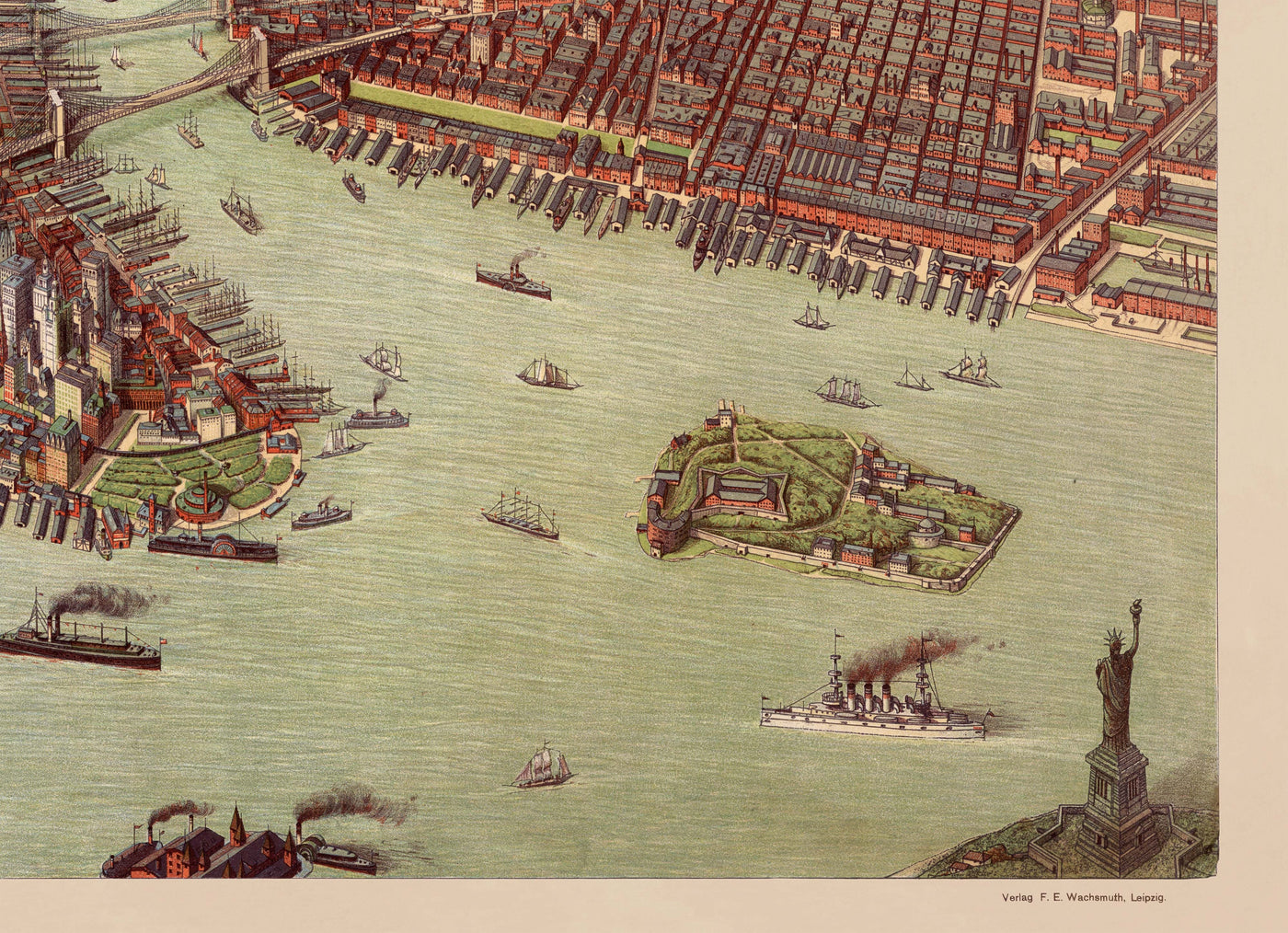 Mapa antiguo raro de Nueva York, 1908 - Manhattan, Brooklyn, Jersey, Puentes, Piers, Estatua de la Libertad de la NYC