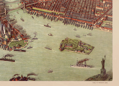Mapa antiguo raro de Nueva York, 1908 - Manhattan, Brooklyn, Jersey, Puentes, Piers, Estatua de la Libertad de la NYC