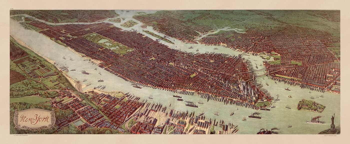Mapa antiguo raro de Nueva York, 1908 - Manhattan, Brooklyn, Jersey, Puentes, Piers, Estatua de la Libertad de la NYC