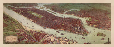 Mapa antiguo raro de Nueva York, 1908 - Manhattan, Brooklyn, Jersey, Puentes, Piers, Estatua de la Libertad de la NYC