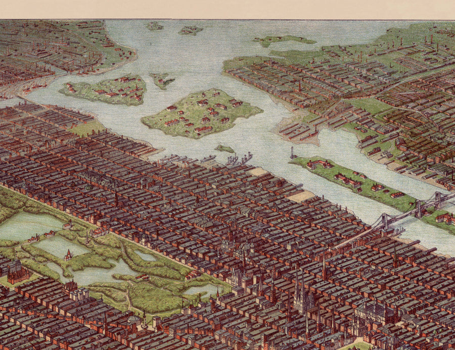 Rara mappa antica di New York, 1908 - Manhattan, Brooklyn, Jersey, i ponti di NYC, moli, Statua della Libertà 