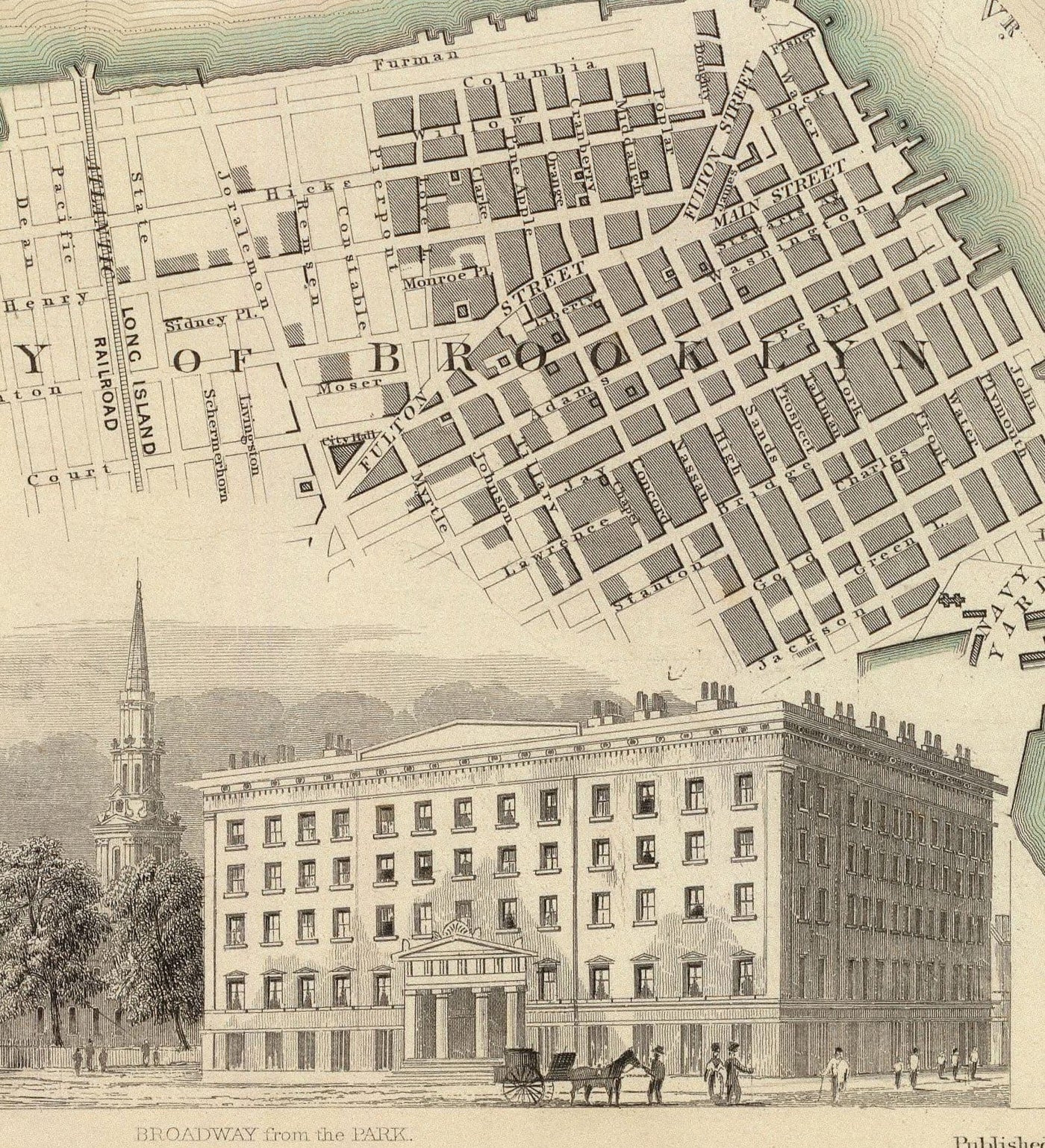 Viejo Mapa de Nueva York, Estados Unidos en 1840 - Manhattan, Brooklyn, Williamsburg, Hudson River