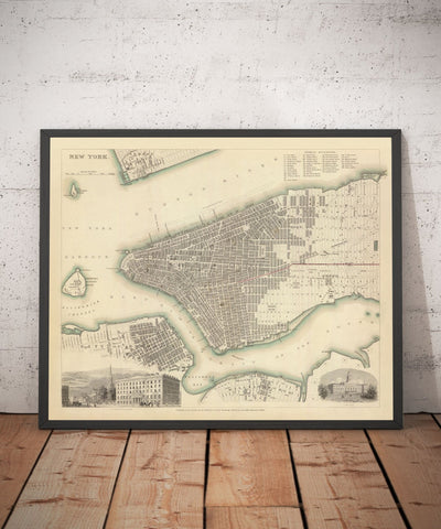 Viejo Mapa de Nueva York, Estados Unidos en 1840 - Manhattan, Brooklyn, Williamsburg, Hudson River