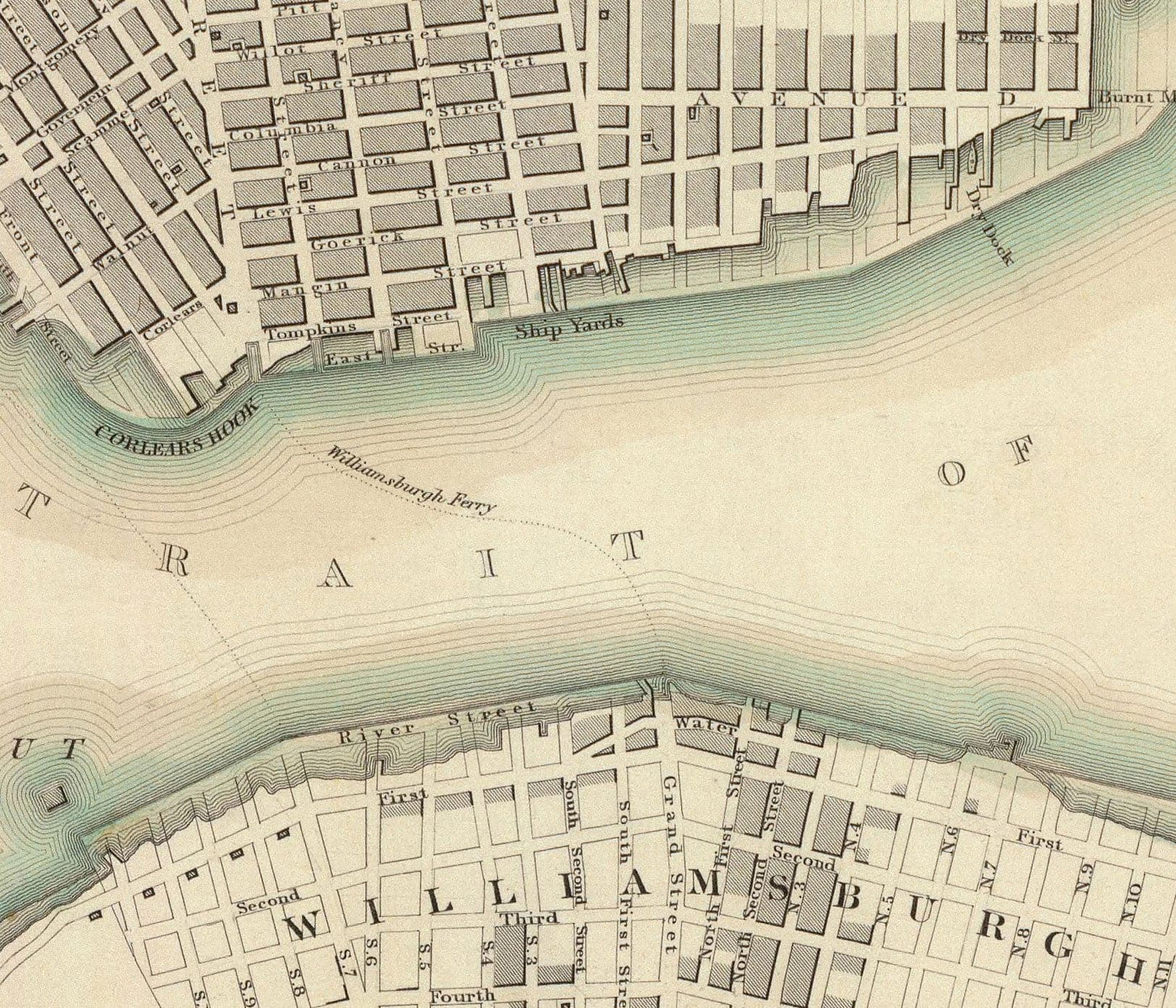 Viejo Mapa de Nueva York, Estados Unidos en 1840 - Manhattan, Brooklyn, Williamsburg, Hudson River