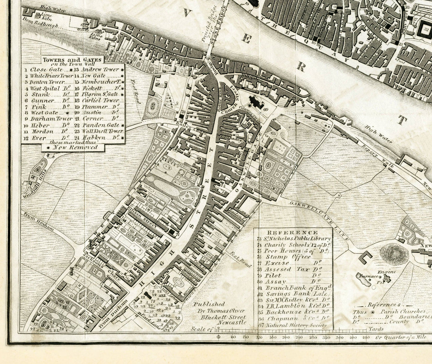 Antiguo mapa de Newcastle upon Tyne y Gateshead por Thomas Oliver, 1830