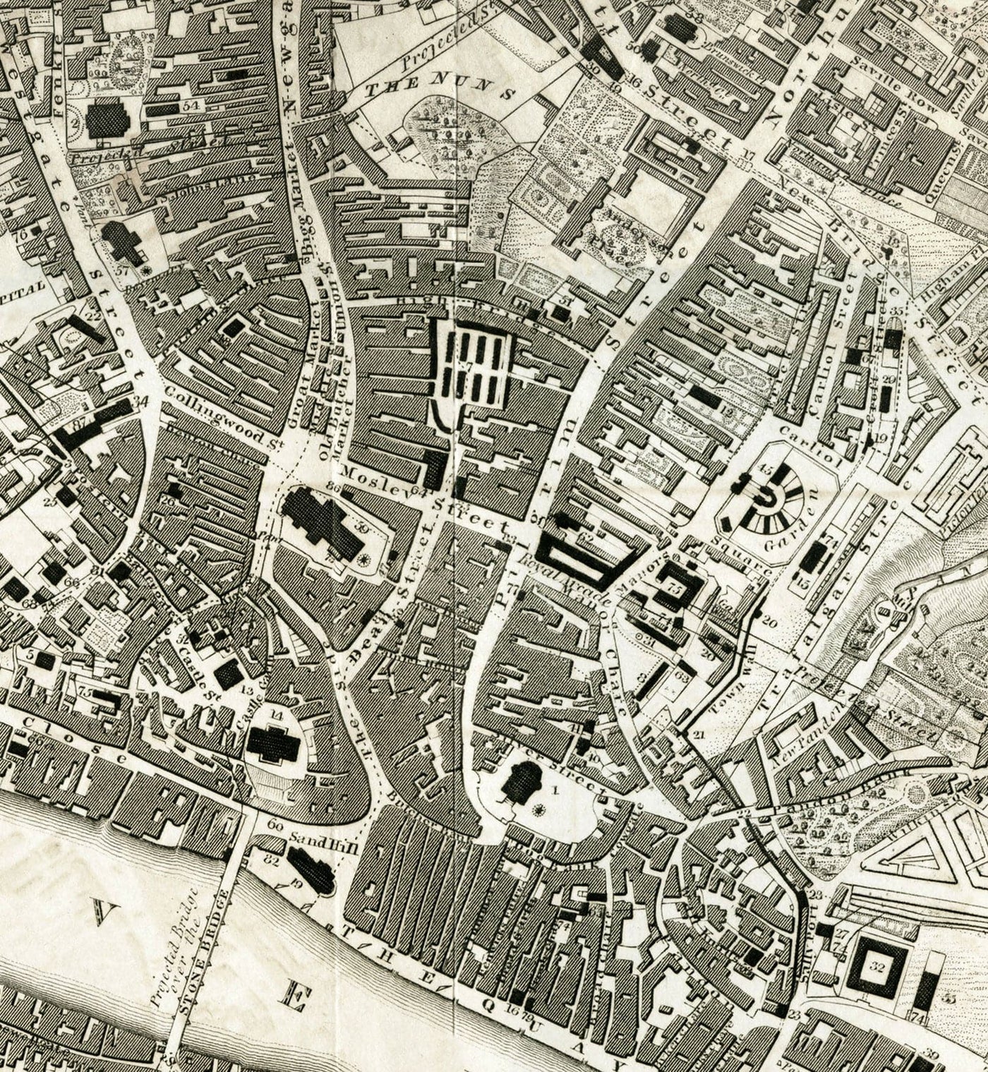 Antiguo mapa de Newcastle upon Tyne y Gateshead por Thomas Oliver, 1830