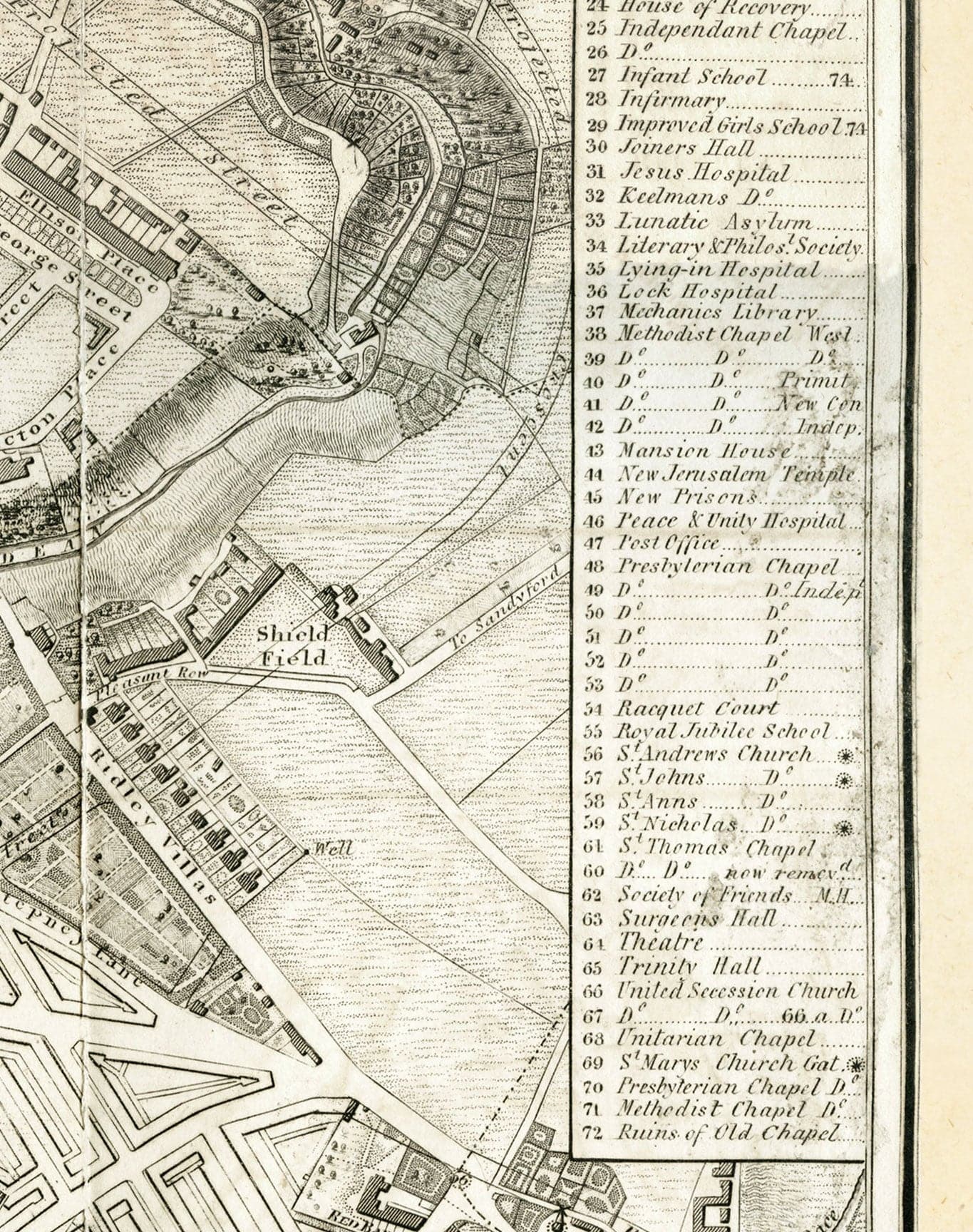 Antiguo mapa de Newcastle upon Tyne y Gateshead por Thomas Oliver, 1830