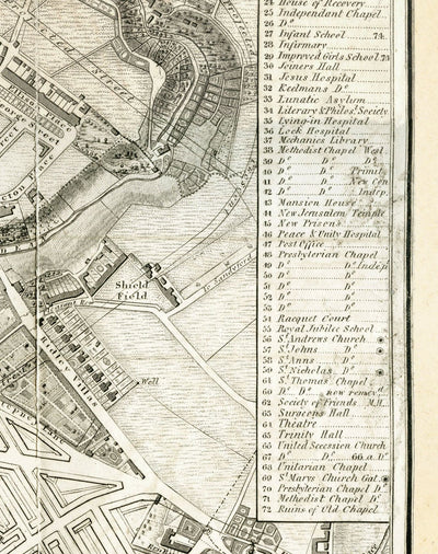 Antiguo mapa de Newcastle upon Tyne y Gateshead por Thomas Oliver, 1830