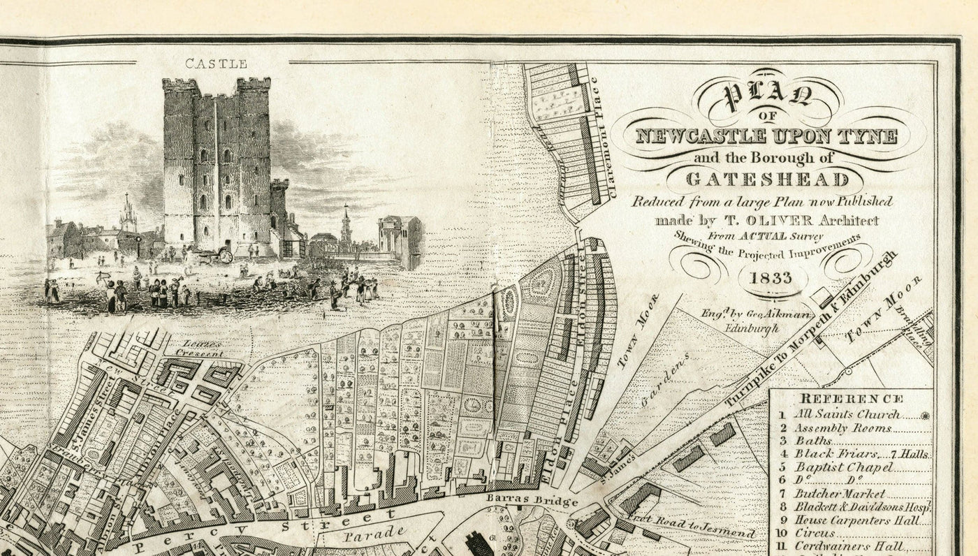 Antiguo mapa de Newcastle upon Tyne y Gateshead por Thomas Oliver, 1830
