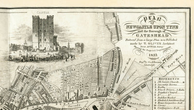 Antiguo mapa de Newcastle upon Tyne y Gateshead por Thomas Oliver, 1830