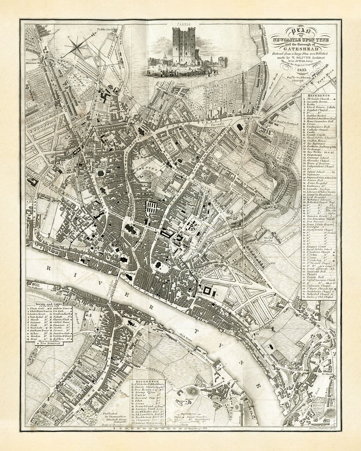 Antiguo mapa de Newcastle upon Tyne y Gateshead por Thomas Oliver, 1830