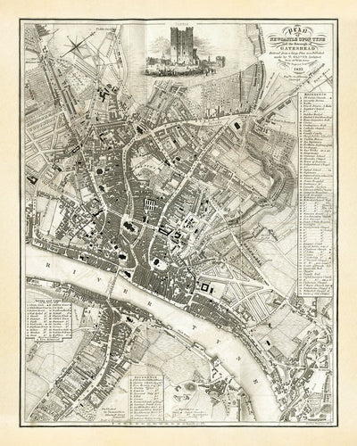 Antiguo mapa de Newcastle upon Tyne y Gateshead por Thomas Oliver, 1830