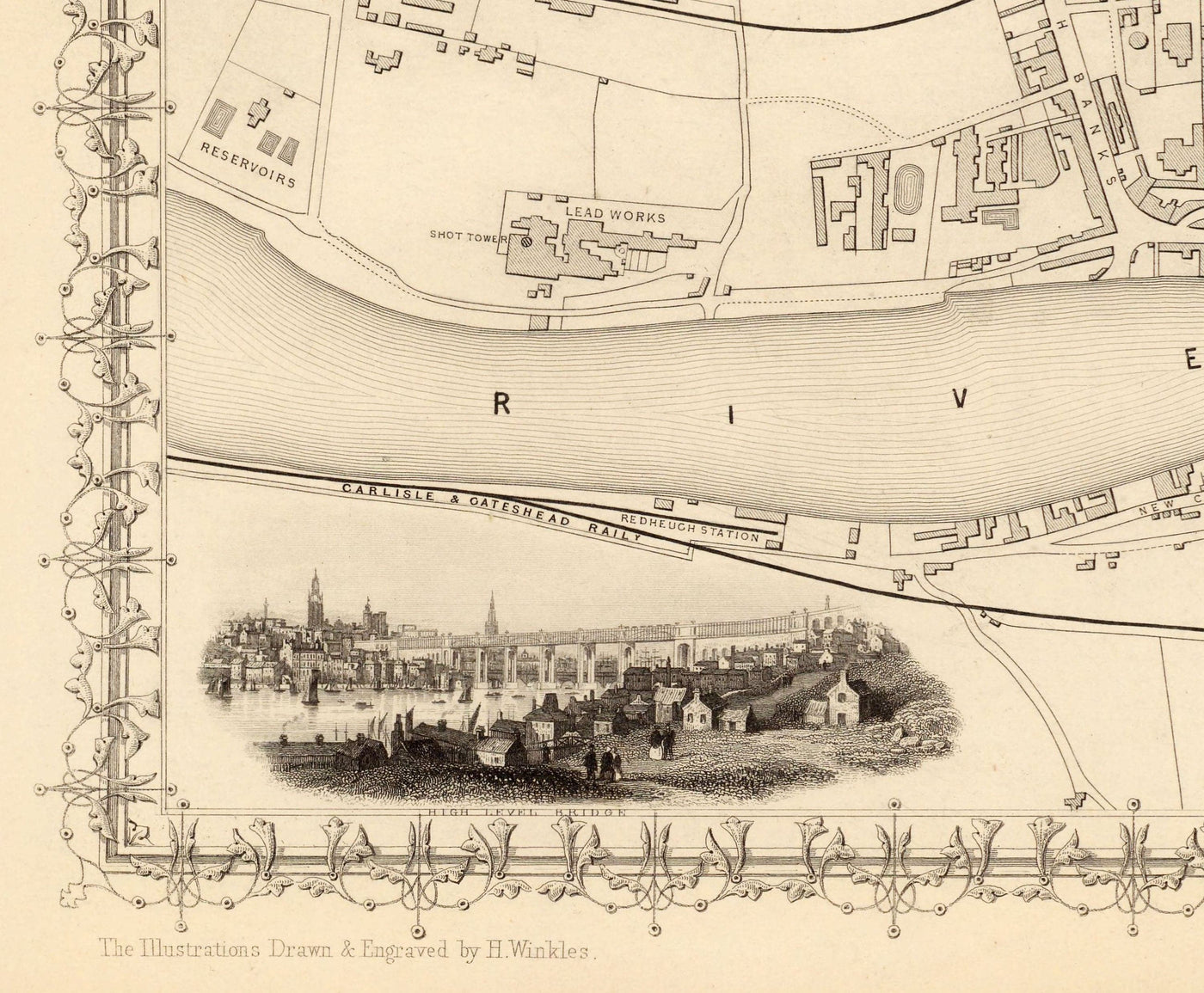 Old Map of Newcastle & Gateshead in 1851 by Tallis & Rapkin