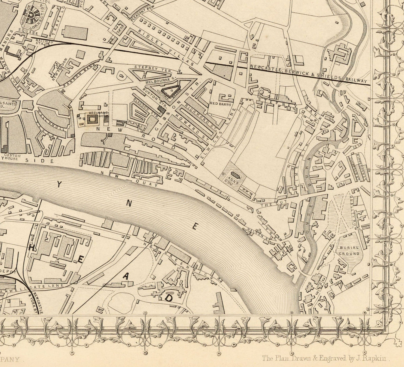 Old Map of Newcastle & Gateshead in 1851 by Tallis & Rapkin
