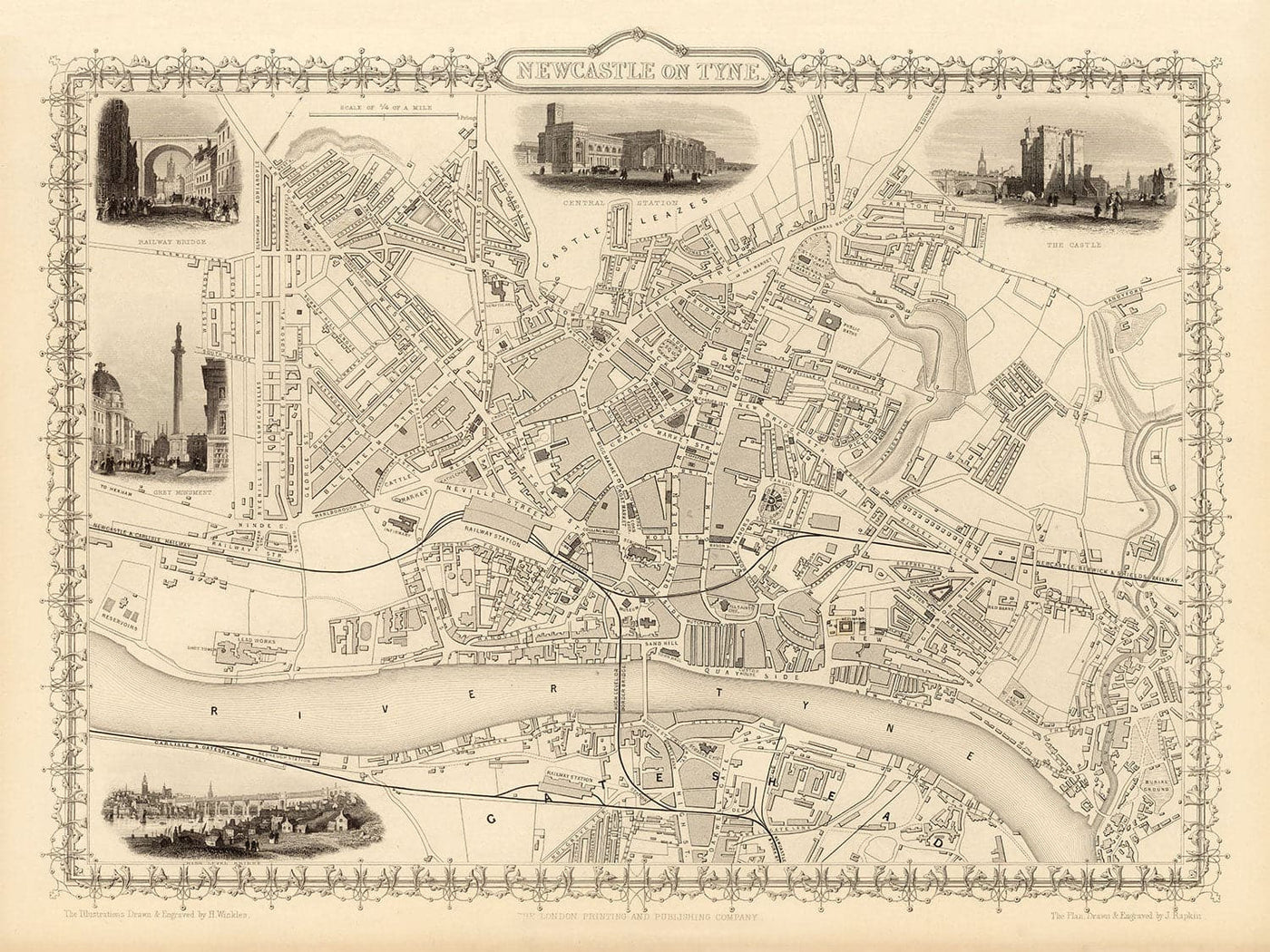 Old Map of Newcastle & Gateshead in 1851 by Tallis & Rapkin