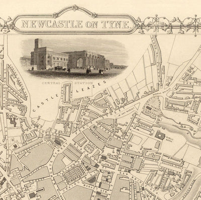 Old Map of Newcastle & Gateshead in 1851 by Tallis & Rapkin