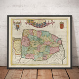 Ancienne carte de Norfolk en 1665 par Joan Blaaeu - Norwich, Great Yarmouth, King's Lynn, Thetford, Swaffham, Fakenham, East Anglia